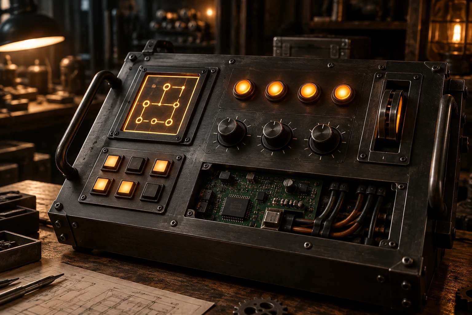 Sfeerimpressie van een technische escape room console met verlichte knoppen en elektronica